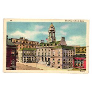 Vintage City Hall Portland Maine Linen Postcard 102 Unused 4A-H2177 Government